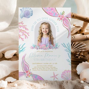 Editable Dive Into Five Photo Birthday Invitation Girl 5th Birthday Mermaid Photo Invite Under The Sea Shellabration Party Canva FM1