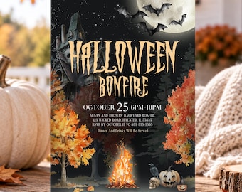 Halloween Bonfire Invitation Haunted House Halloween Party Invite Backyard Bonfire Party Editable Canva Template H7