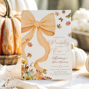Pastel Coquette Orange Bow Fall Birthday Invitation Girl 1st Birthday Pumpkin Invite Fall Floral And Butterfly Autumn Birthday Invite OB3