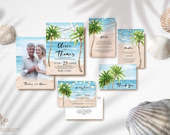 EDITABLE Beach Wedding Invitation Suite, Beach Wedding Photo Invitation Bundle, Printable Tropical Destination Wedding Invitation Set BE1