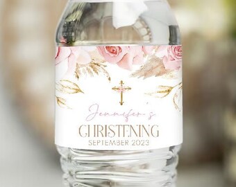 Pink Christening Water Bottle Label, Boho Baptism Water Label, Printable Baptism Water Bottle Label, Pink Boho Water Label Sticker PGB2