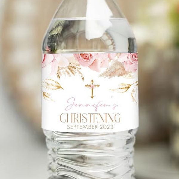 Pink Christening Water Bottle Label, Boho Baptism Water Label, Printable Baptism Water Bottle Label, Pink Boho Water Label Sticker PGB2