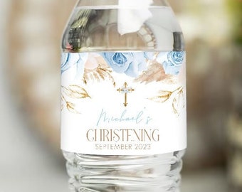Blue Christening Water Bottle Label, Boho Baptism Water Label, Printable Baptism Water Bottle Label, Boy's Boho Water Label Sticker PGB2