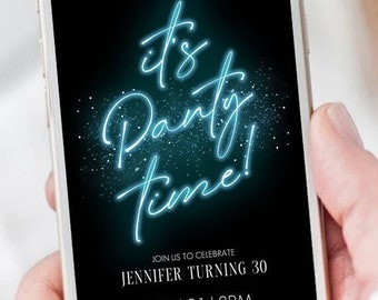 Blue Neon Glitter Digital Birthday Invitation Template It's Party Time Mobile Evite Text Message Phone Invite Aqua Blue Glow Teen Party AB1