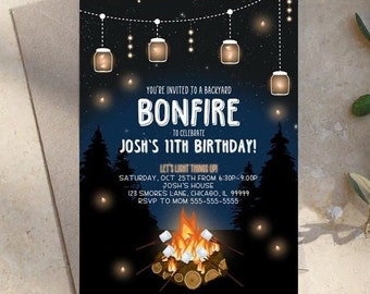 May include: A blue and black birthday party invitation with a bonfire and marshmallows. The text reads "You're invited to a backyard bonfire to celebrate Josh's 11th birthday! Let's light things up. Saturday, Oct 25th from 6:30p-9:00p. Josh's house, 123 Smores Lane, Chicago, IL 99999. RSVP to Mom 555-555-5555."