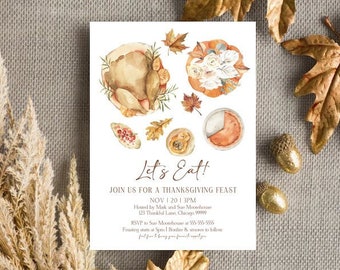 May include: Thanksgiving invitation card with watercolor illustrations of a roasted turkey, pumpkin, and autumn leaves. The card reads "Let's Eat!" and includes event details. Decorative gold leaves and acorns surround the card on a gray background.