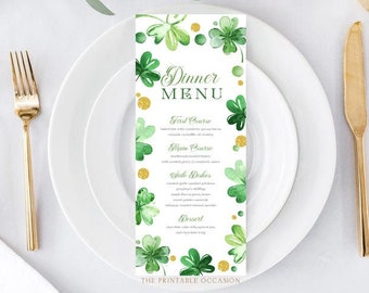 St Patrick's Day Dinner Menu Template, Editable St Patrick's Day Breakfast Menu Card, Printable St. Patrick's Day Shamrocks Menu Corjl ST1