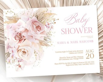 EDITABLE Pampas Grass Baby Shower Invitation Bohemian Baby Shower Invite Tropical Desert Floral Pink Boho Digital Instant Download PGB1
