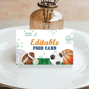 Editable Sports Food Card Labels, Printable Sports Party Food Tents, Sports Birthday Party Decorations, Sports Baby Shower Buffet Tent AS2