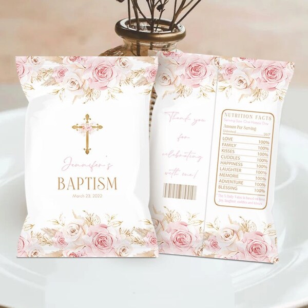 Editable Pink Pampas Grass Baptism Christening Chip Bag Wrapper Printable Birthday Shower Party Favors Template Instant Download PG1