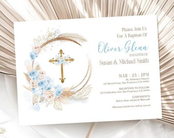 EDITABLE Pampas Grass Baptism Invitation Bohemian Baptism Invitation Boho Baptism Christening 1st Communion Invitation Instant Download PGB2