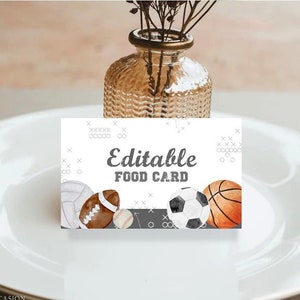Sports Food Card Labels, Printable Sports Party Food Tents, Editable Sports Birthday Party Decorations, Sports Baby Shower Buffet Tent AS1