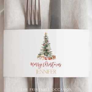 Editable Christmas Napkin Wrapper Christmas Place Card Template Holiday Name Card Printable Merry Christmas Napkin Wrap Name Tag Corjl T2C