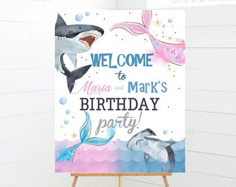 EDITABLE 16x20 Sharks & Mermaid Welcome Sign Sharks Welcome Sign Mermaid Welcome Sign Printable Welcome Sign Pool Party Instant Download SH2