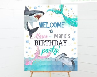 EDITABLE 16x20 Sharks & Mermaid Welcome Sign Sharks Welcome Sign Mermaid Welcome Sign Printable Welcome Sign Pool Party Instant Download SH3