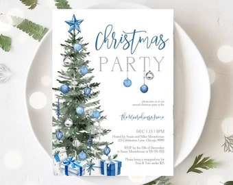 Christmas Party Invitation Template Blue Silver Christmas Party Invite Editable Christmas Party Printable, Holiday Party Invite Download T2A