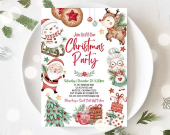 May include: A Christmas party invitation with watercolor illustrations of festive characters like Santa, a snowman, and a reindeer. The invitation is on a white plate, surrounded by greenery, and features the text "Join Us At Our Christmas Party."