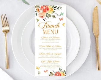 Butterfly Baby Shower Menu Card, Orange Floral Printable Menu Template, Baby Shower Menu, Editable Orange Floral Baby Shower Menu Card B4