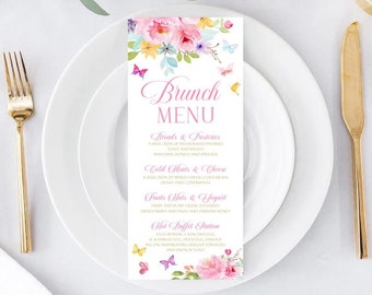 Butterfly Baby Shower Menu Card Pink Teal Purple Floral Printable Menu Template Baby Shower Menu Editable Pink Floral Baby Shower Menu B1