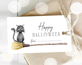 Happy Halloween Gift Tag, Printable Halloween Treat Tag, Black Cat on Witch's Broom Halloween Tag Halloween Gift Tag INSTANT DOWNLOAD