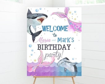 EDITABLE 16x20 Sharks & Mermaid Welcome Sign Sharks Welcome Sign Mermaid Welcome Sign Printable Welcome Sign Pool Party Instant Download SH1