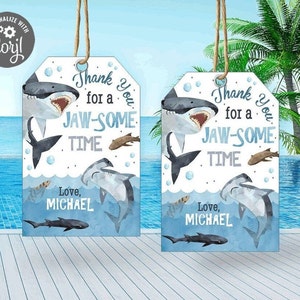 EDITABLE Shark Birthday Favor Tags, Shark Jawsome Time, Watercolor Under The Sea Printable Decor, Pool Party Gift Tag Instant Download SHK