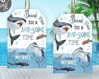 EDITABLE Shark Birthday Favor Tags, Shark Jawsome Time, Watercolor Under The Sea Printable Decor, Pool Party Gift Tag Instant Download SHK