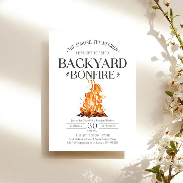 Let's Get Toasted, Digital Bonfire Invitation Template, Editable Backyard Bonfire & Cocktails Invite, Printable S'mores Party Invitation