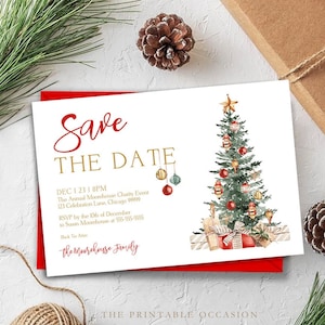 Editable Save The Date Card Template Christmas Party Save The Date Card Red and Gold Christmas Party Save The Date Printable Holiday T2C