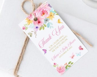 Butterfly and Floral Thank You Tags Template, Pink Rainbow Butterfly Baby Shower Favor Tags Template, Pink Floral Baby Shower Tags B1