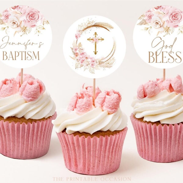 Baptism Cupcake Toppers, Christening Cupcake Toppers, Printable Pink Boho Cupcake Topper, Editable Cupcake, Girl Baptism Décor Boho PG1