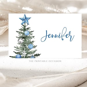 Blue Christmas Dinner Place Card Template, Editable Christmas Place Card, Holiday Brunch Place Card Christmas Dinner Party Labels Buffet T2A