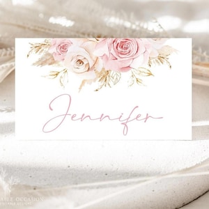 Baptism Place Cards, Christening Food Tents, Printable Pink Boho Food Labels, Editable Place Cards Girl Baptism Pampas Grass Décor Boho PG1