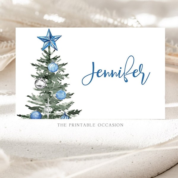 Blue Christmas Dinner Place Card Template, Editable Christmas Place Card, Holiday Brunch Place Card Christmas Dinner Party Labels Buffet T2A