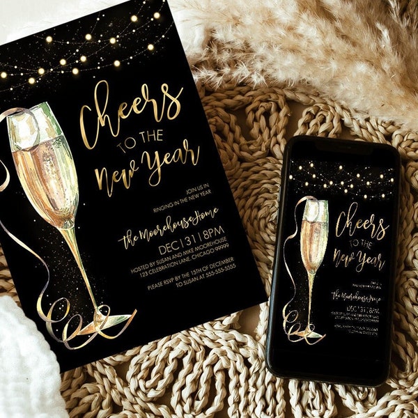 EDITABLE New Years Party Invitation, Cheers To The New Year, Printable 2023 New Years Eve Party Invitation Template Instant Download NY2