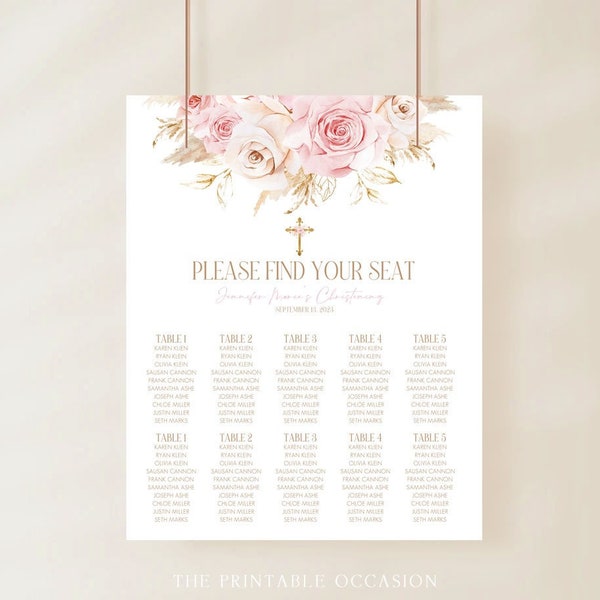 Boho Christening Seating Chart, Pink Baptism Seating Chart, Printable Seating Chart Template, Boho Seating Chart, Editable Seating Plan PG1