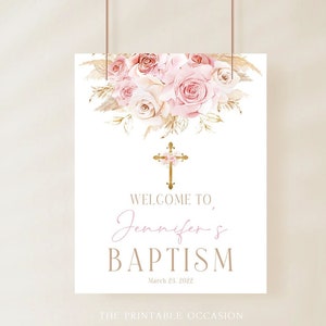 Dusty Pink Baptism Welcome Sign Template Gold Cross Pampas Grass Welcome Sign Printable Blush Pink Boho Baptism Welcome Pink Floral PG1 image 1