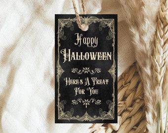 Editable Halloween Treat Tags Printable Black Vintage Happy Halloween Here's A Treat Tag Antique Gothic Adult Halloween Party Gift Tag H4