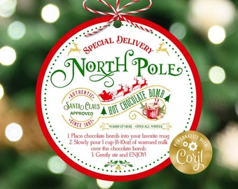 EDITABLE Hot Chocolate Bomb Tag, Printable North Pole Hot Chocolate Bomb Tag, Christmas Hot Cocoa Bomb Tags Instant Download Christmas HC