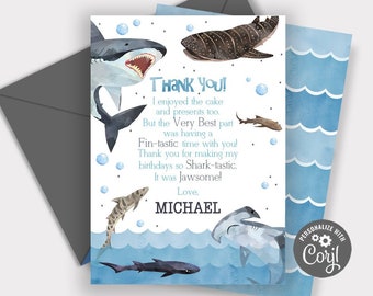 EDITABLE Shark Thank You Cards, Shark Photo Thank You Cards, Shark Birthday Party Thank You Cards, Shark Party, Instant Download SHK