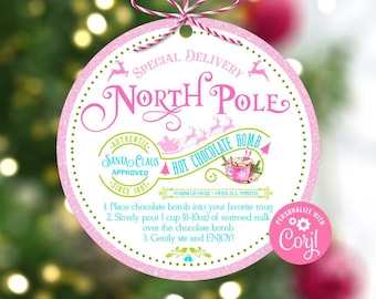 EDITABLE Christmas Hot Chocolate Bomb Tag, Printable North Pole Hot Chocolate Bomb Tag, Hot Cocoa Bomb Tags Instant Download Christmas HC