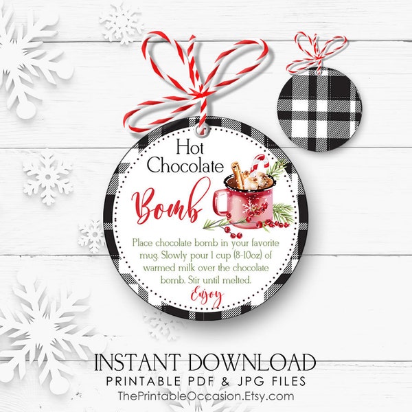 Printable Hot Cocoa Bomb Tag or Sticker, Christmas Hot Chocolate Bomb Tags, Christmas Gift, Party Favor, Buffalo Plaid, NON-EDITABLE Tags