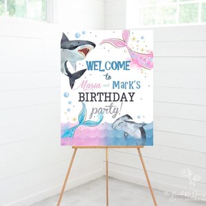 Sharks and Mermaids Birthday Party Welcome Sign Sharks Mermaid Printable Welcome Poster Custom Pool Party Sign Template Instant Download