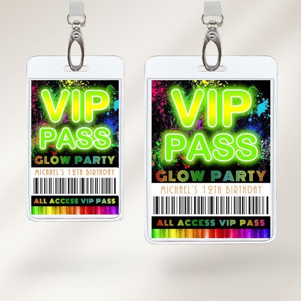 EDITABLE Glow Birthday Party Lanyard VIP Badge, Printable Boys Neon Glow VIP Badge, Neon Glow Birthday Party Lanyard Favor, Download GL4