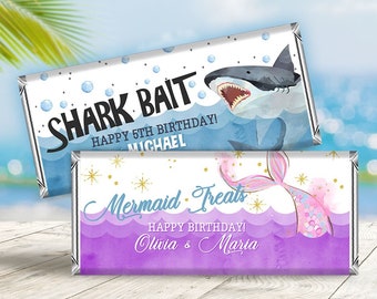 EDITABLE Shark and Mermaid Candy Bar Wrapper, Printable Sharks and Mermaids Candy Bar Wrapper, Twins Siblings Sharks Mermaids Birthday SH1