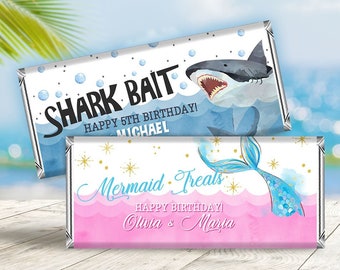 EDITABLE Shark and Mermaid Candy Bar Wrapper, Printable Sharks and Mermaids Candy Bar Wrappers, Twins Siblings Sharks Mermaids Birthday SH2