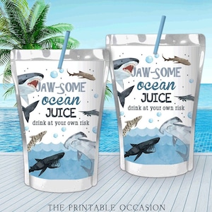 SALE Shark Juice Pouch Labels, Printable Shark Juice Pouch Template , Juice Pouch Instant Download Birthday Party Favor SHK