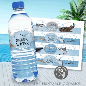 EDITABLE Shark Water Bottle Wrappers Shark Water Bottle Labels Shark Birthday Party Favor Shark Party Favor Printable Instant Download SHK