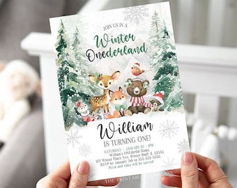 Editable Winter ONEderland Woodland Birthday Party Invitation Winter ONEderland First Birthday Invite Christmas Forest Animals Trees W6