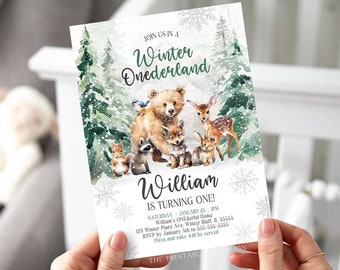 Editable Winter ONEderland Woodland Birthday Party Invitation Winter ONEderland First Birthday Invite Forest Animals Trees Birthday Boy W2